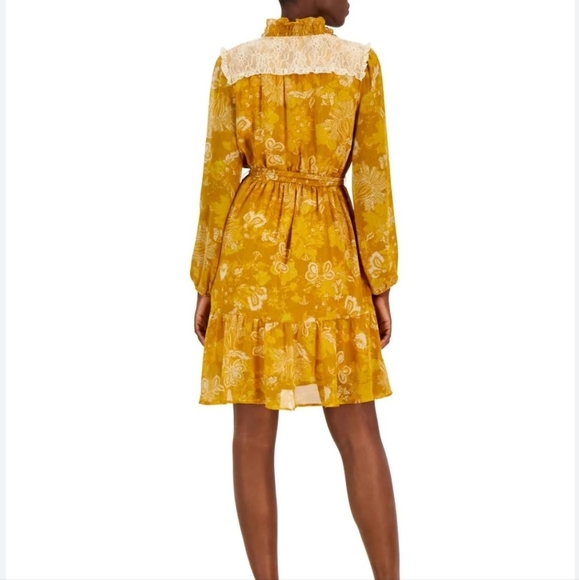 Tahari ASL Lace-Trim Tierred Split Neck Dress SZ 2 NWT Mustard Coquette Girl - Picture 2 of 11